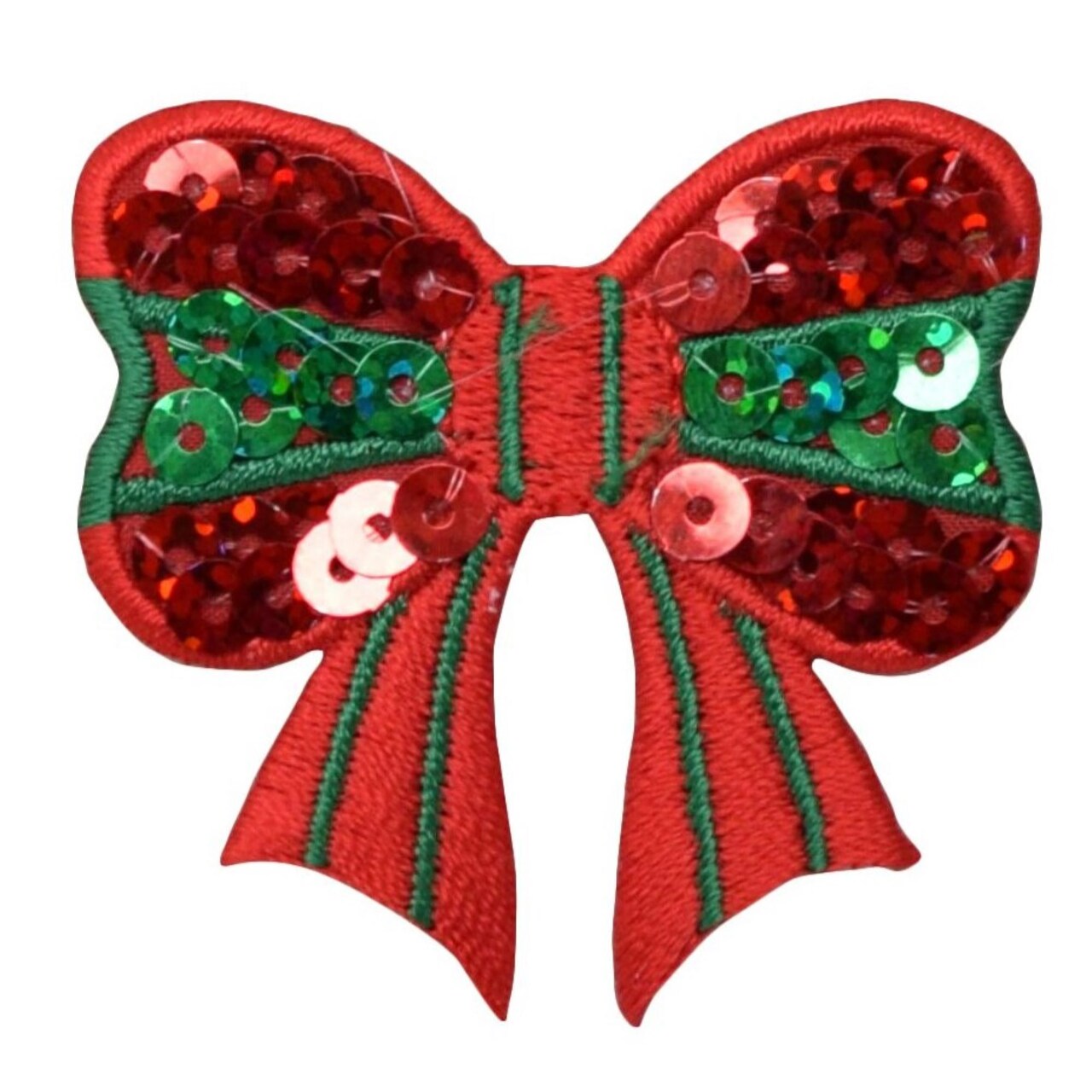 Sequin Christmas Bow, Red and Green, Embroidered Iron on Patch
